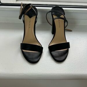 Theory Black Leather Strappy Block Heel Sandals with Ankle Buckle